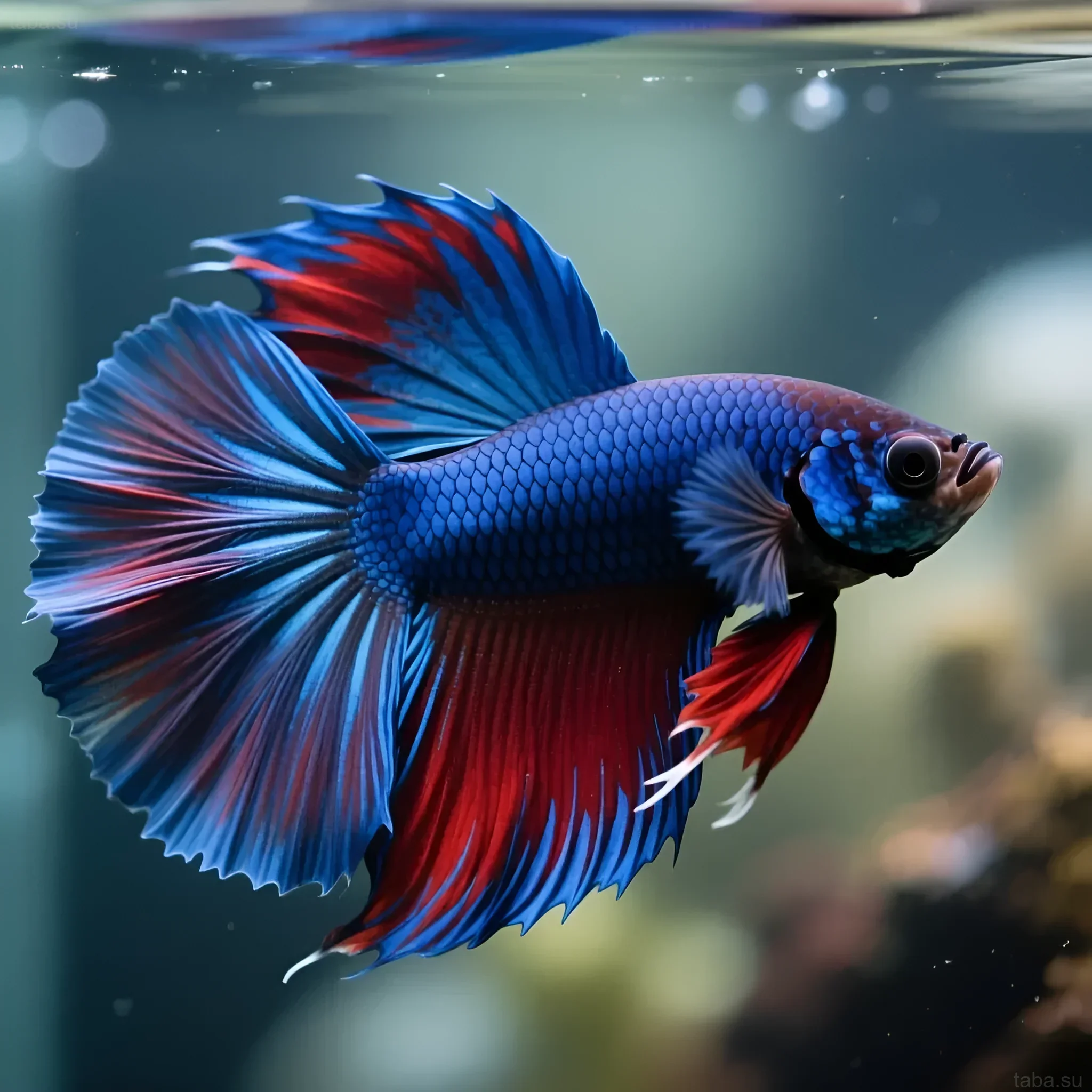 Close-up of a blue-red betta fish (Betta Splendens) in an aquarium. An ideal image for an article about fish care.