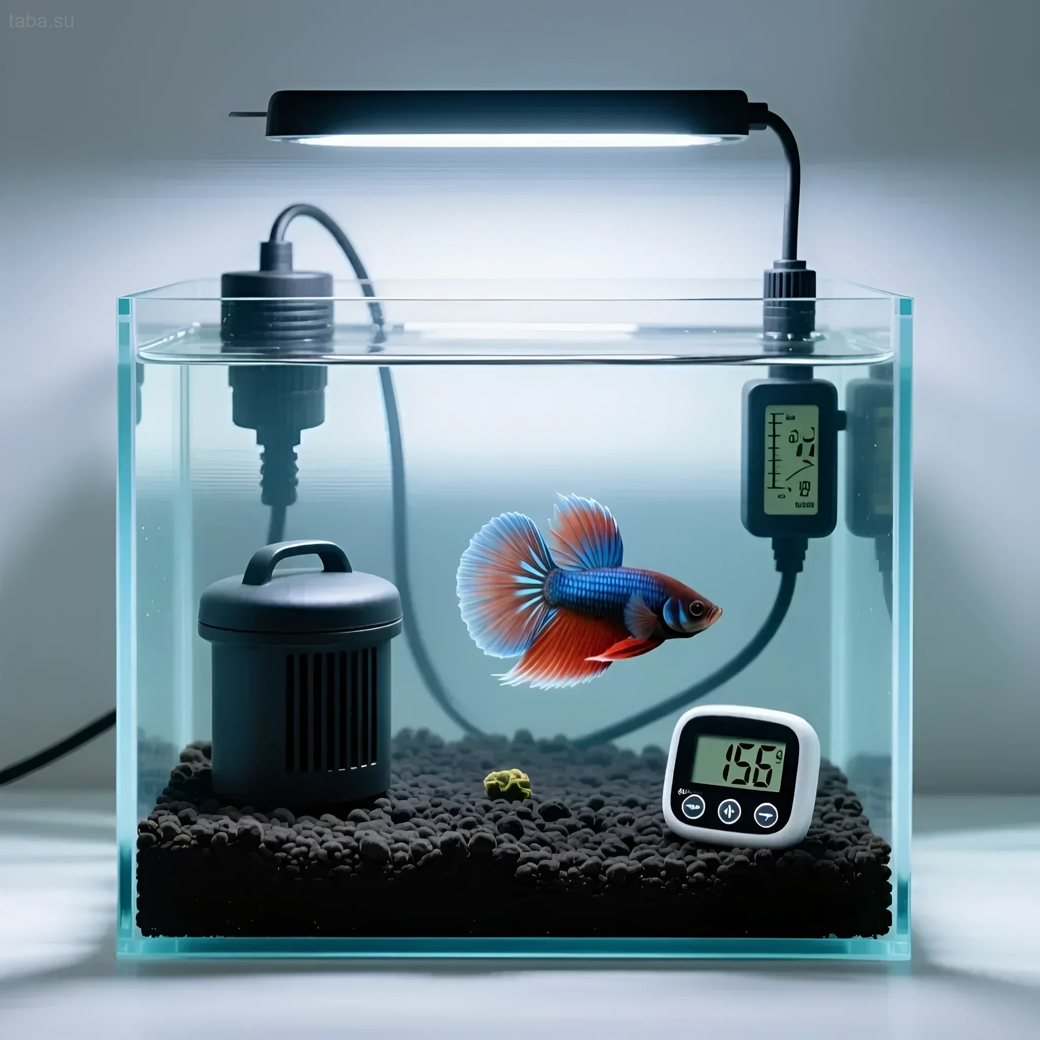 Image of a small aquarium for a betta fish with black substrate, filter, heater, and thermometer. A beautiful red betta fish swims in clean water.