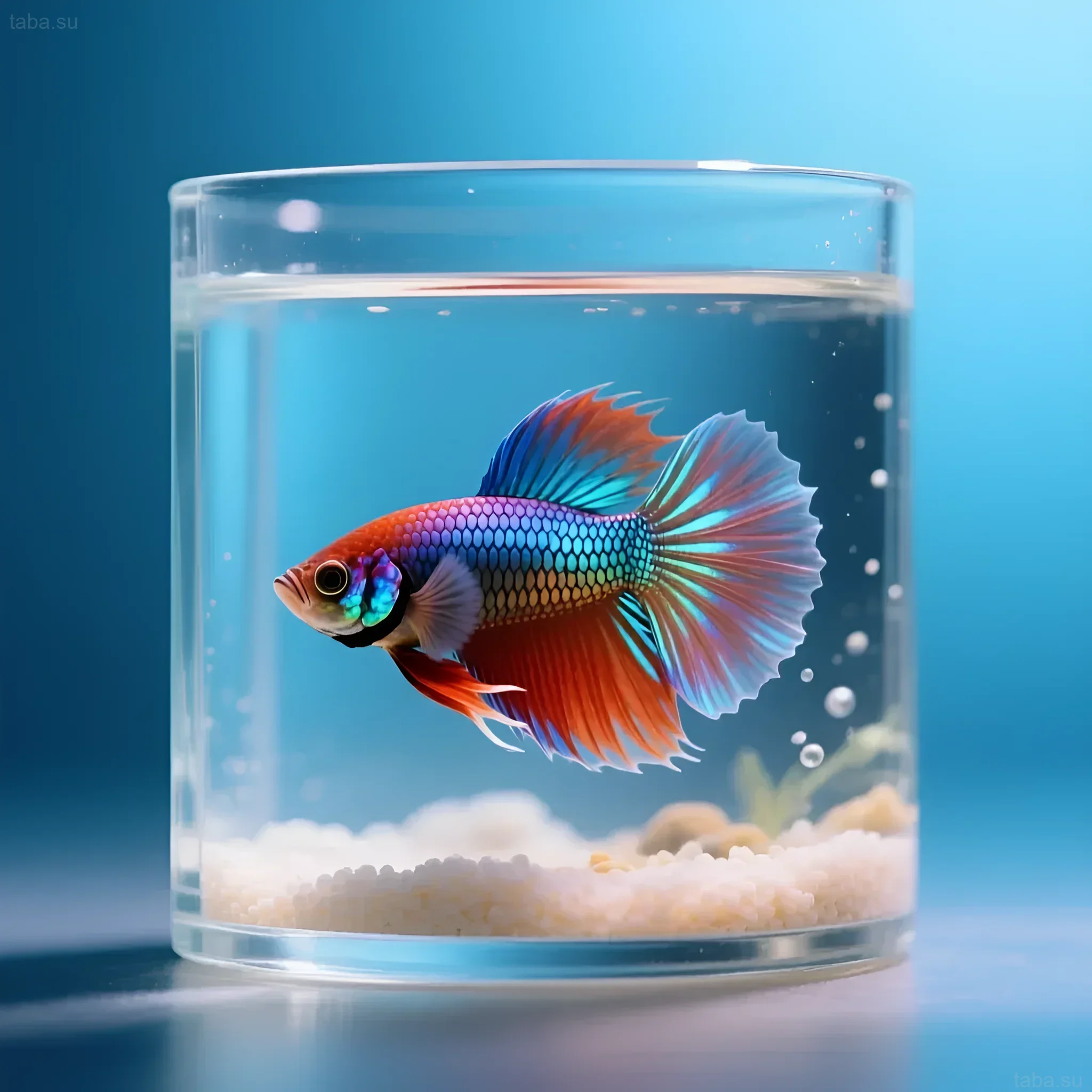 Изображение яркого петушка в небольшом аквариуме, демонстрирующее красоту и простоту содержания этой рыбки в домашних условиях.
