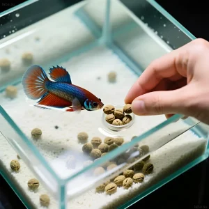 Яркий петушок получает корм в небольшом аквариуме. Фото демонстрирует правильное питание и уход за рыбкой в домашних условиях.