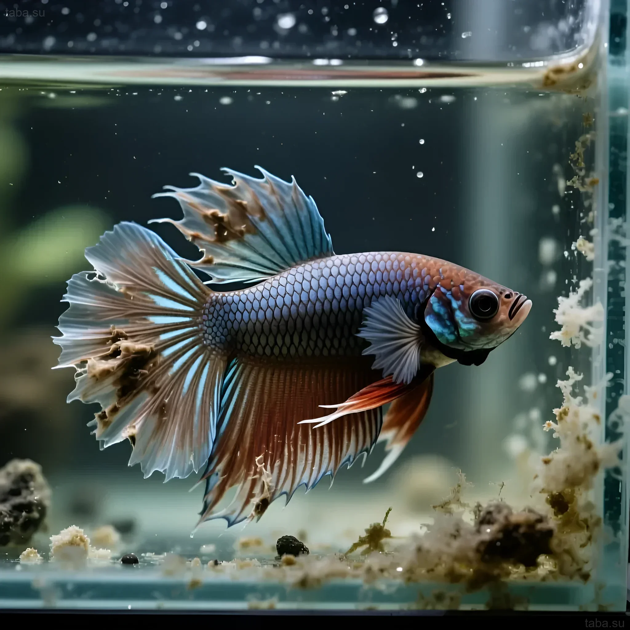 Photograph of a betta fish in a small aquarium, highlighting its coloration and fins. Illustration for an article on care and diseases.