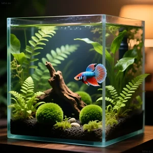 Идеальный нано-аквариум для петушка с живыми растениями и корягой, создающий естественную и безопасную среду обитания.