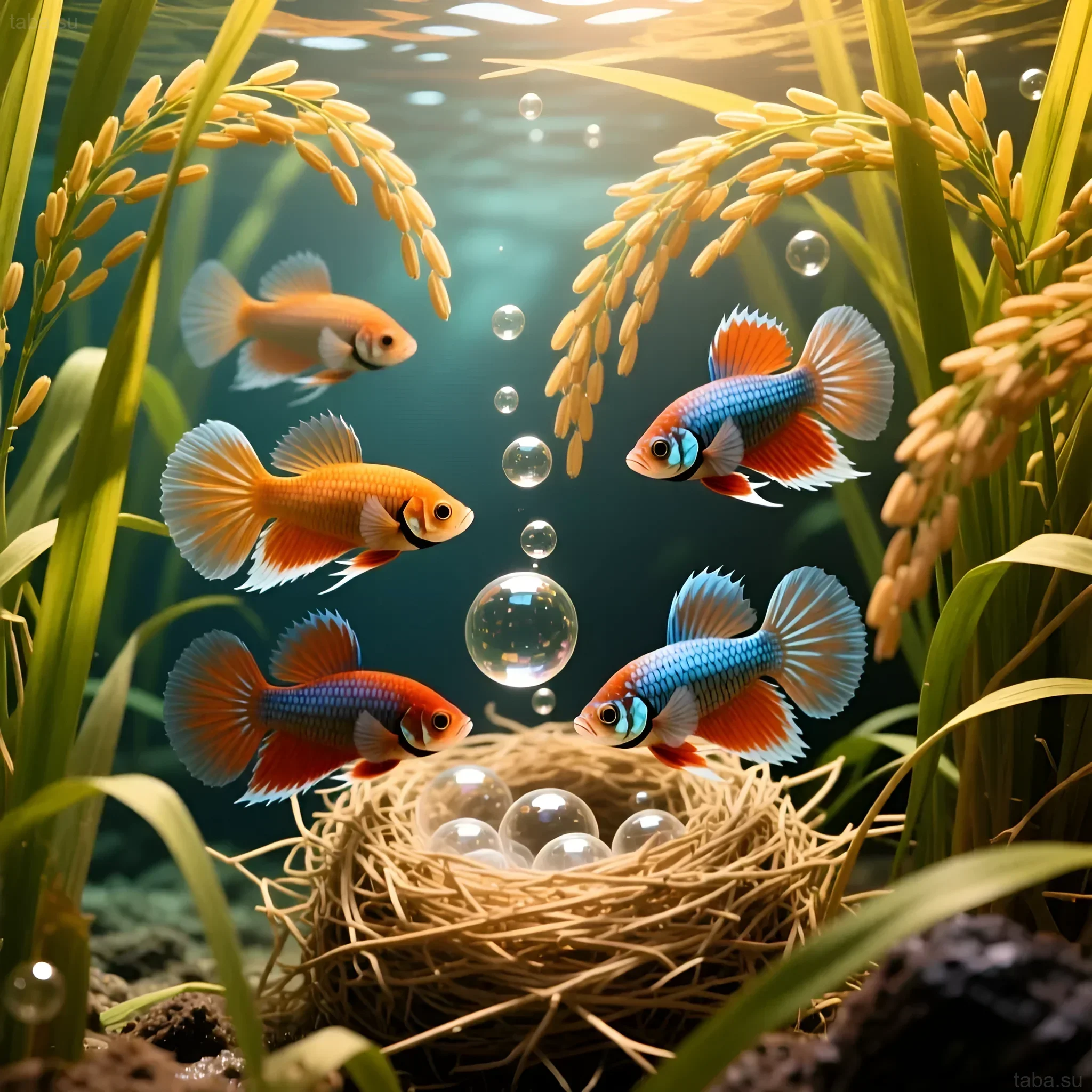 Image of an aquarium with betta fish among rice stalks and air bubbles, demonstrating their natural habitat and vibrant colors.