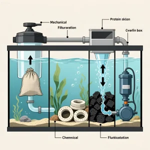 Схема сампа для морского аквариума с обозначением отсеков фильтрации: механической, химической и биологической. Иллюстрация для аквариумистов.