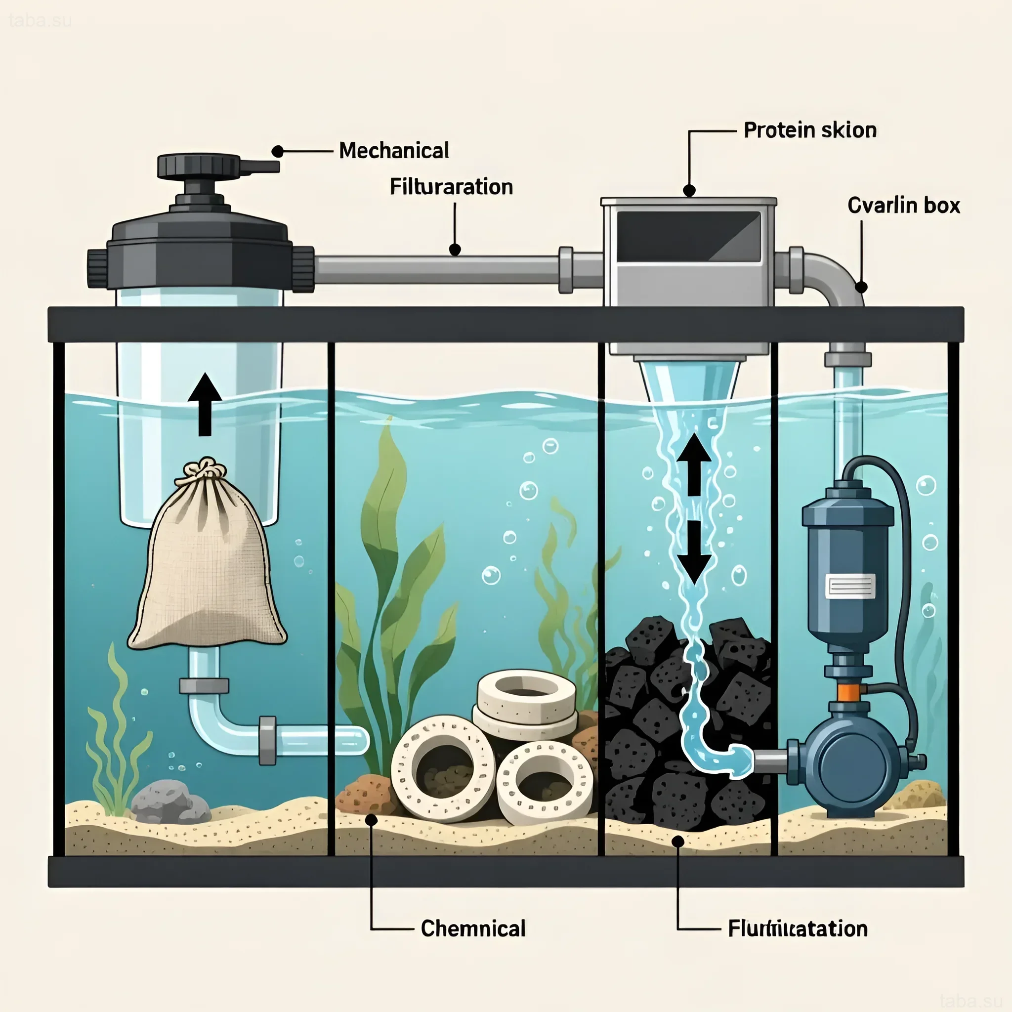 Схема сампа для морского аквариума с обозначением отсеков фильтрации: механической, химической и биологической. Иллюстрация для аквариумистов.