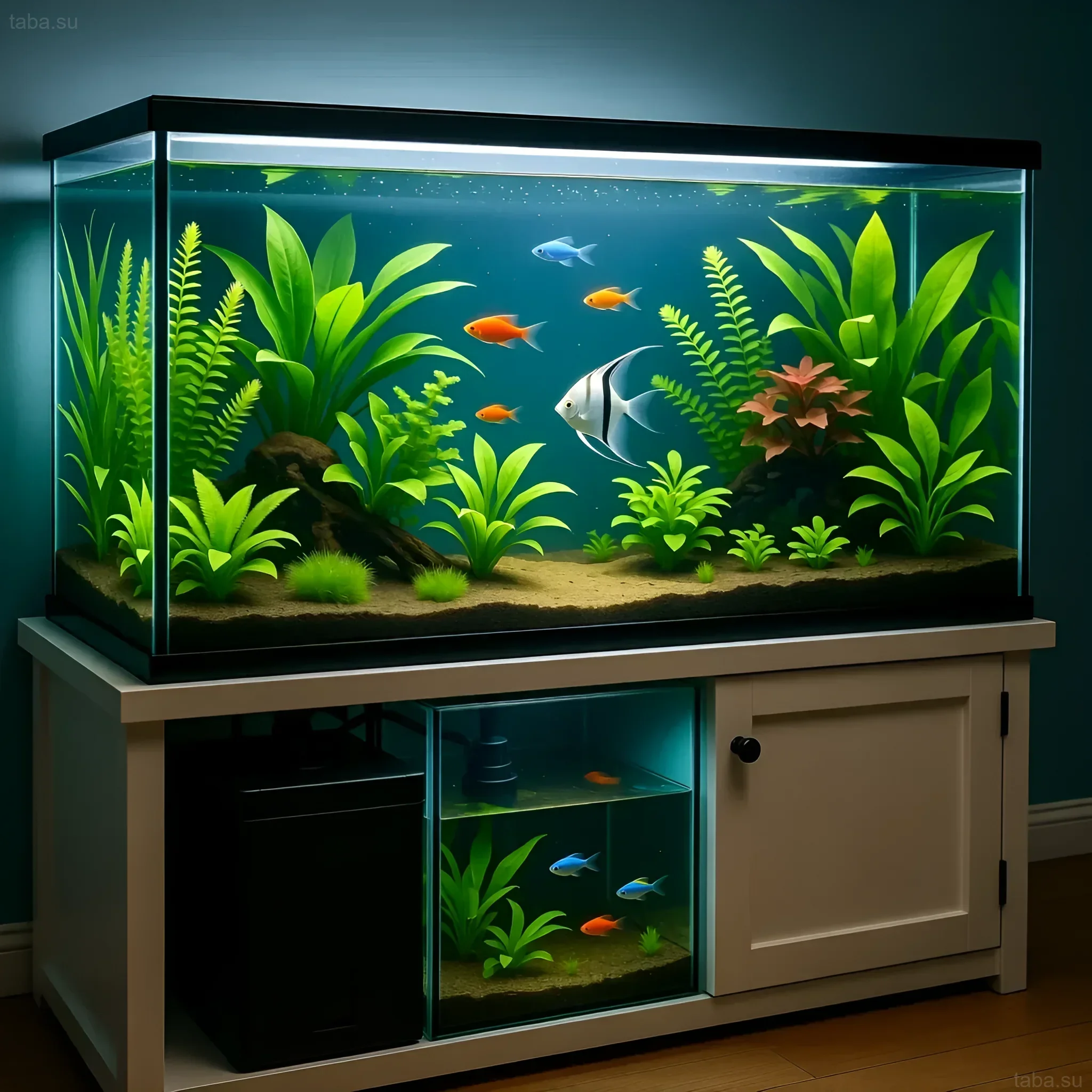 Изображение аквариума с интегрированным сампом, демонстрирующее современный подход к содержанию рыб и растений. Идеально для морских и пресноводных систем.