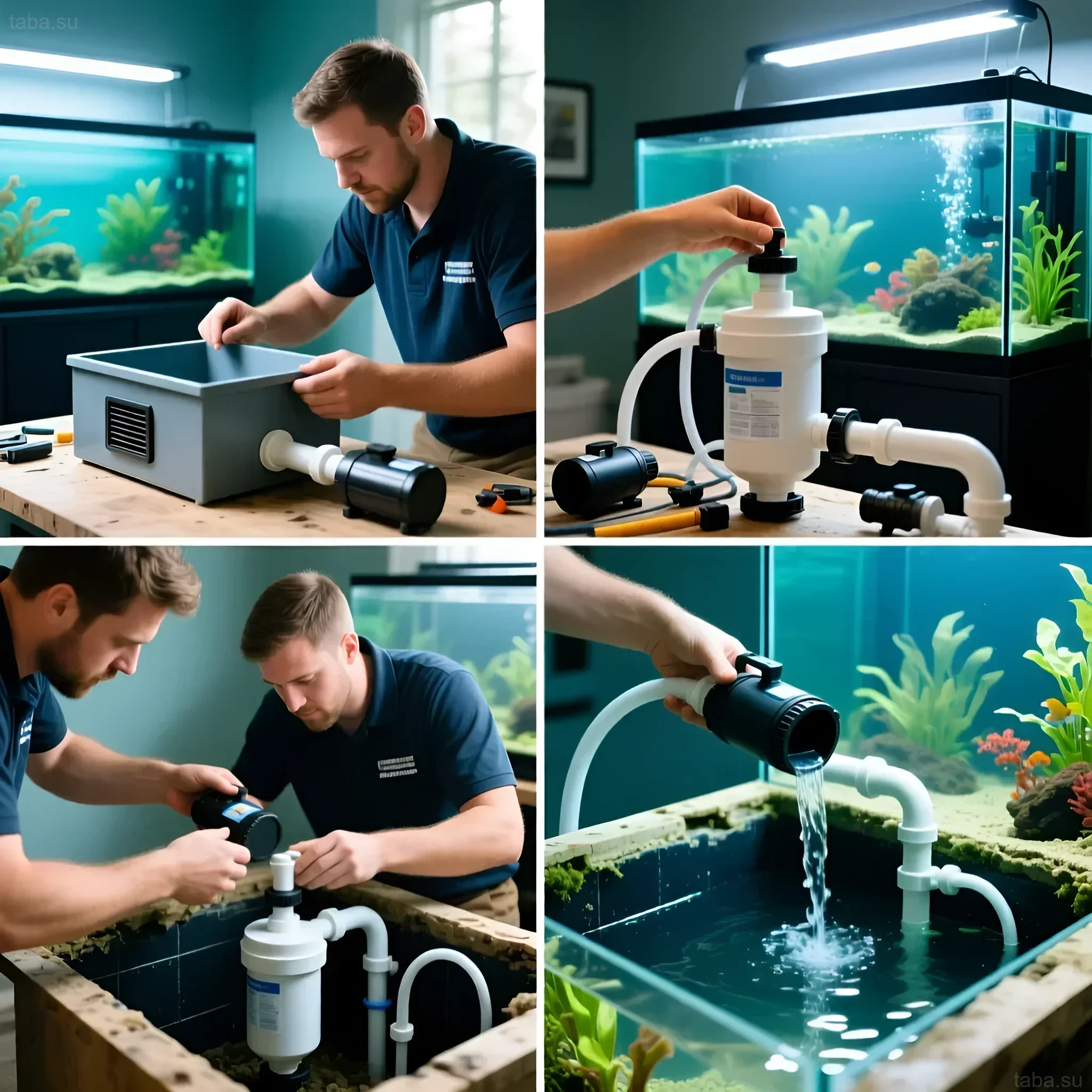 Фотоколлаж демонстрирует процесс сборки и подключения сампа к аквариуму, включая монтаж фильтров и труб для обеспечения чистоты воды.