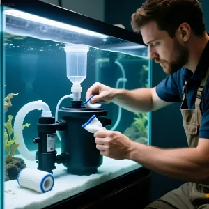 Фотография процесса очистки помпы в техническом отсеке аквариума. Поддержание чистоты сампа для эффективной фильтрации и здоровья рыб.