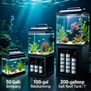 Иллюстрация аквариумных установок с использованием сампов различного объема, демонстрирующая преимущества технического отсека.