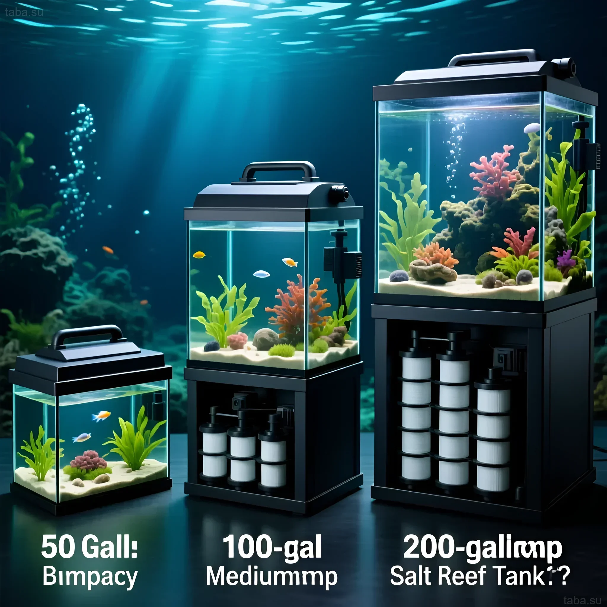 Иллюстрация аквариумных установок с использованием сампов различного объема, демонстрирующая преимущества технического отсека.