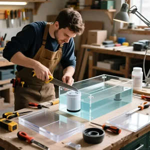 Фотография процесса изготовления сампа для морского аквариума: резка акриловых листов, инструменты и подготовка к сборке.