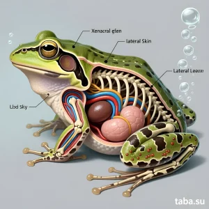 Детальная иллюстрация шпорцевой лягушки с разрезом, демонстрирующая внутренние органы и скелет. Идеально для изучения биологии амфибий.
