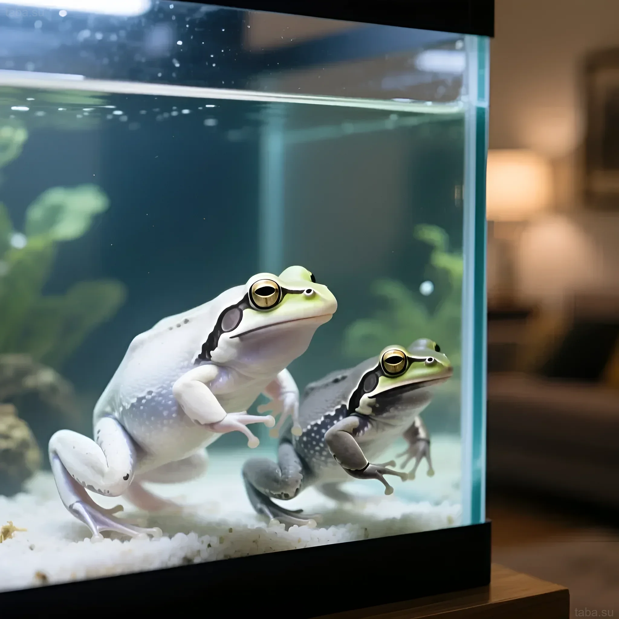 Две шпорцевые лягушки, одна белая, другая серая, плавают в просторном аквариуме с песчаным дном. Идеально для любителей необычных водных питомцев.