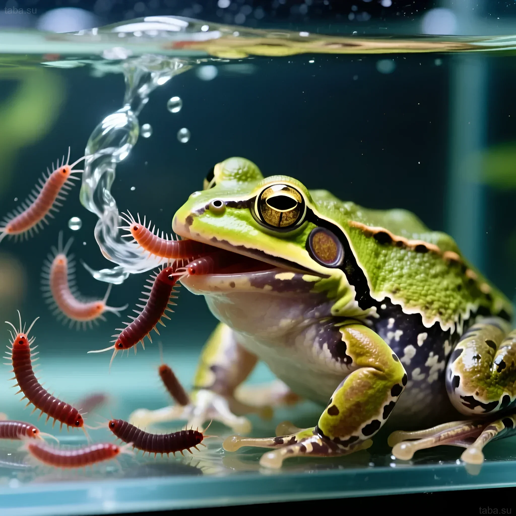 Photograph of an African clawed frog in an aquarium surrounded by bloodworms. An ideal image for an article on Xenopus laevis feeding.