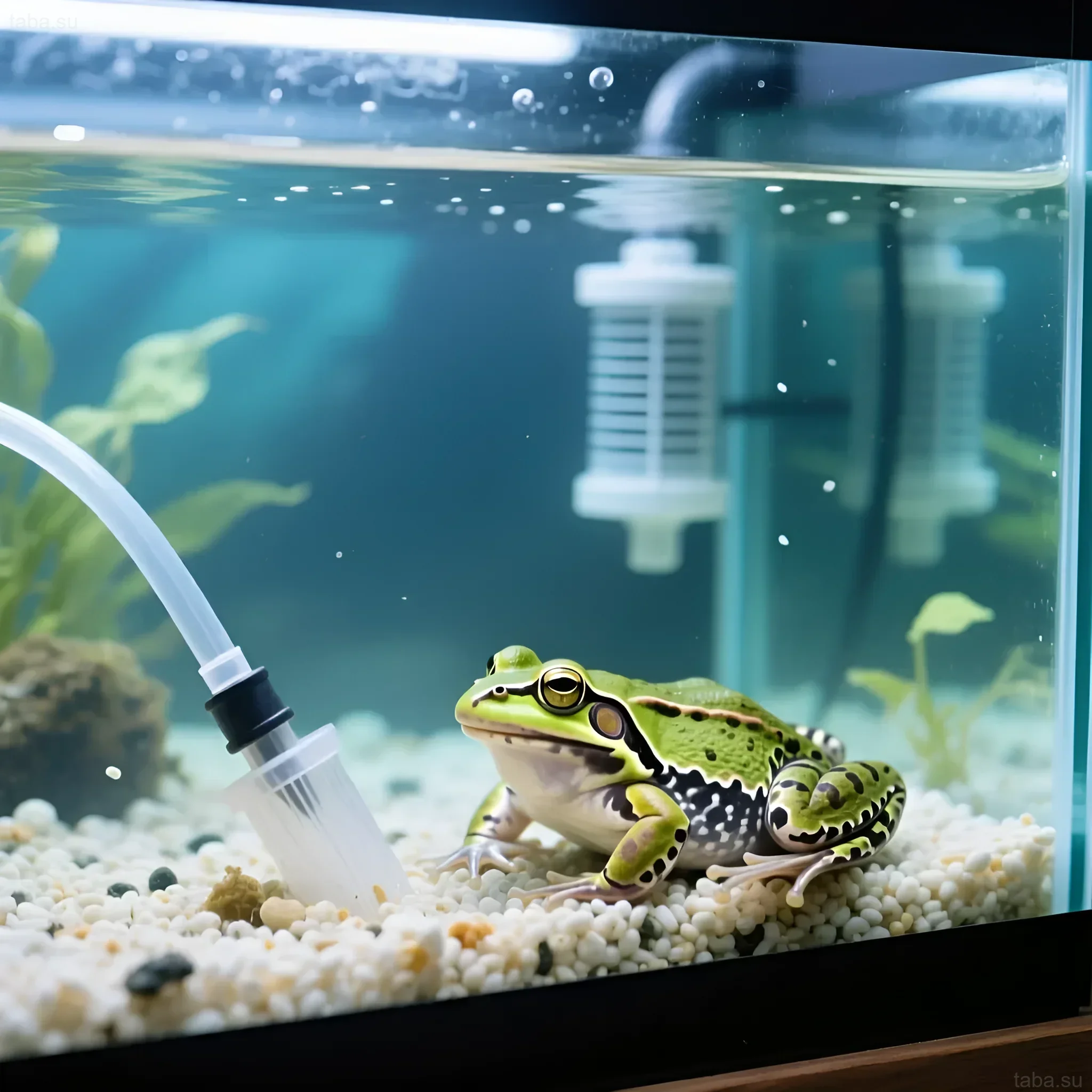Photograph of an African clawed frog in an aquarium with gravel substrate and filtration. An ideal home for an amphibian, care and maintenance.