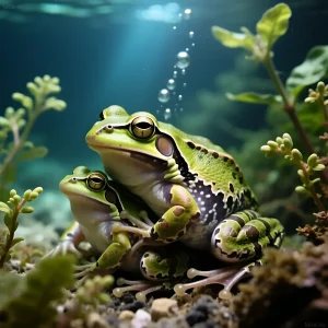 Фотография двух шпорцевых лягушек в аквариуме с растениями. Идеальное изображение для статьи о содержании и разведении Xenopus laevis.