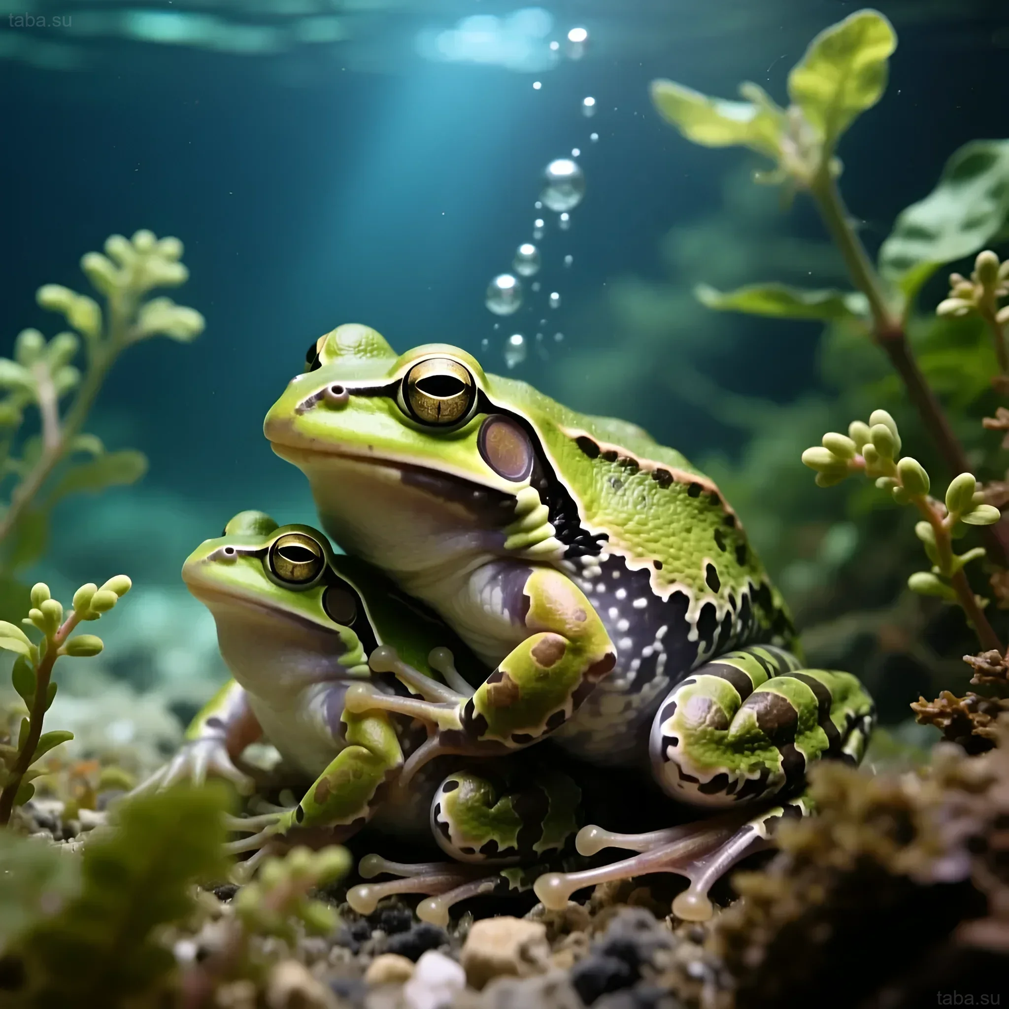 Photograph of two African clawed frogs in an aquarium with plants. An ideal image for an article on Xenopus laevis care and breeding.