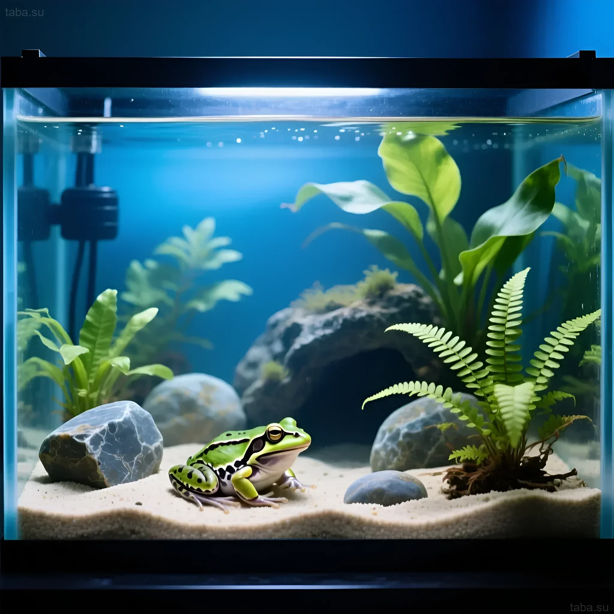 Photograph of an African clawed frog aquarium with a sandy substrate, rocks, and plants. An ideal habitat for Xenopus laevis.