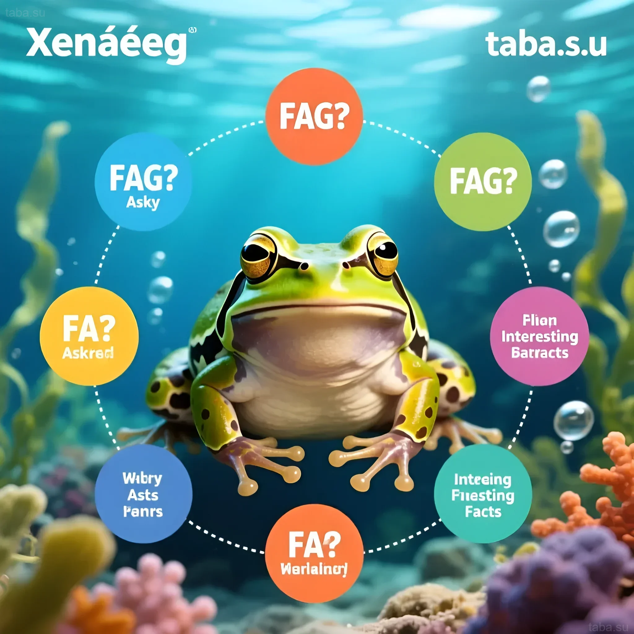 Illustration of an African clawed frog in an aquarium surrounded by bubbles and FAQ questions, attracting attention to the article's content.
