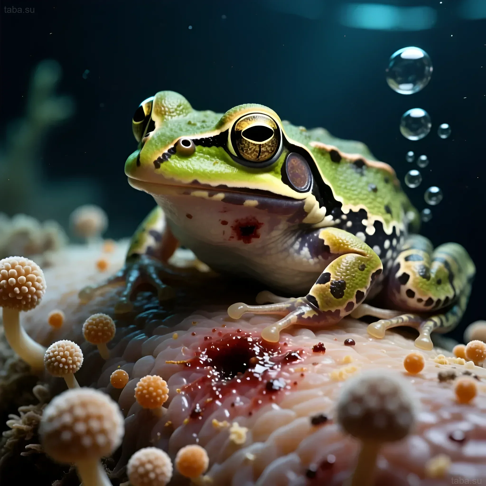 Close-up of an African clawed frog with visible red spots on its body, indicating possible skin diseases or infection.