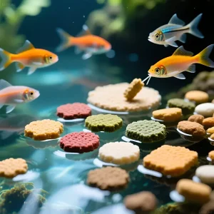 Фотография аквариума с золотыми рыбками, поедающими плавающие кормовые таблетки разных цветов. Идеально для иллюстрации статьи о сухих кормах.