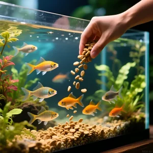 Фотография аквариума с яркими рыбками, которых кормят сухими хлопьями. Идеально для иллюстрации удобства и популярности данного типа корма.