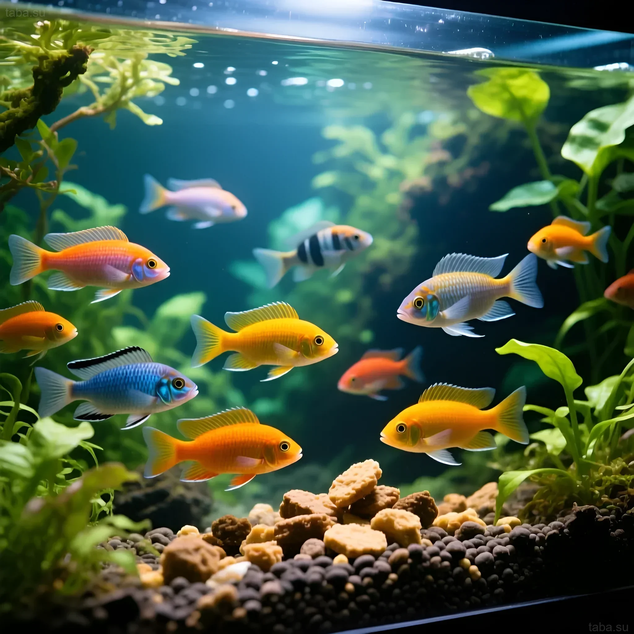 Фотография аквариума с разнообразными африканскими цихлидами, плавающими среди живых растений и коралловых декораций. Идеально для статьи о питании рыб.