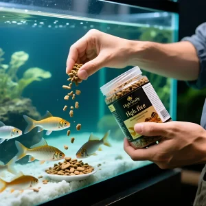 Фотография процесса кормления аквариумных рыб сухим кормом. Изображение демонстрирует правильную подачу корма и активных рыб.