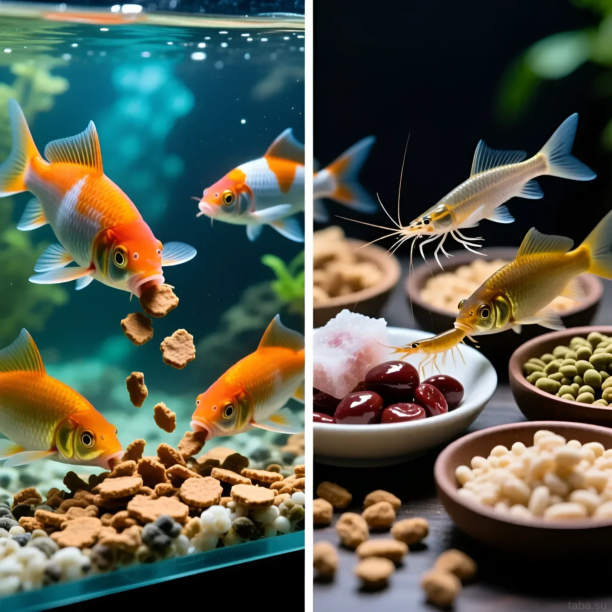 Изображение золотых рыбок, поедающих сухой корм, и альтернативных вариантов питания: креветки, мотыль, гранулы. Подбор рациона для аквариумных рыб.