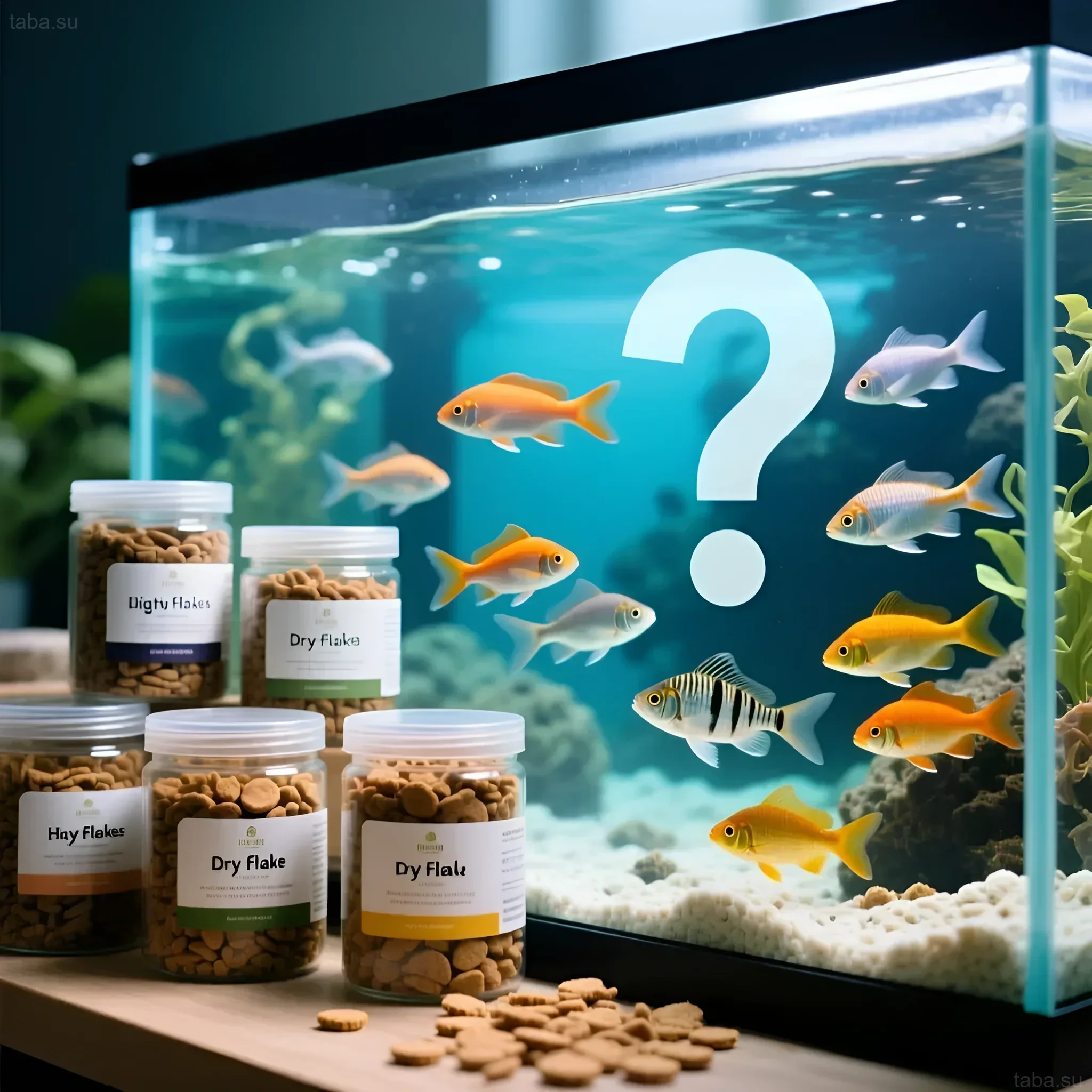Красивый аквариум с яркими рыбками и банками с сухим кормом, поднимающий вопрос о выборе оптимального питания для питомцев.