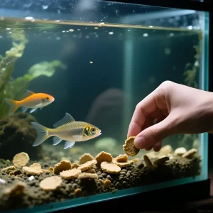 Фотография аквариума с золотыми рыбками и человеком, кормящим их сухим кормом. Иллюстрация к статье о недостатках сухого корма.