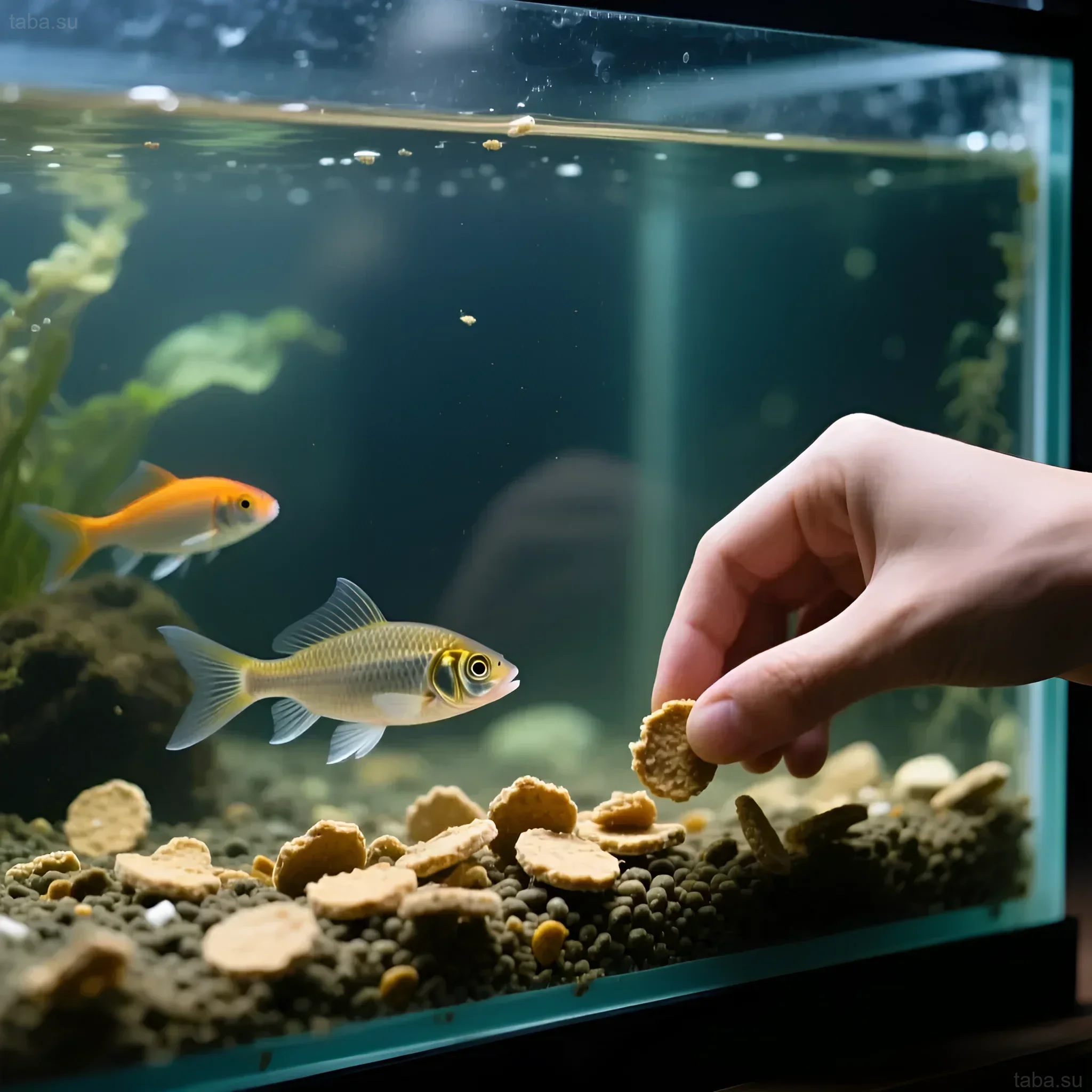 Фотография аквариума с золотыми рыбками и человеком, кормящим их сухим кормом. Иллюстрация к статье о недостатках сухого корма.