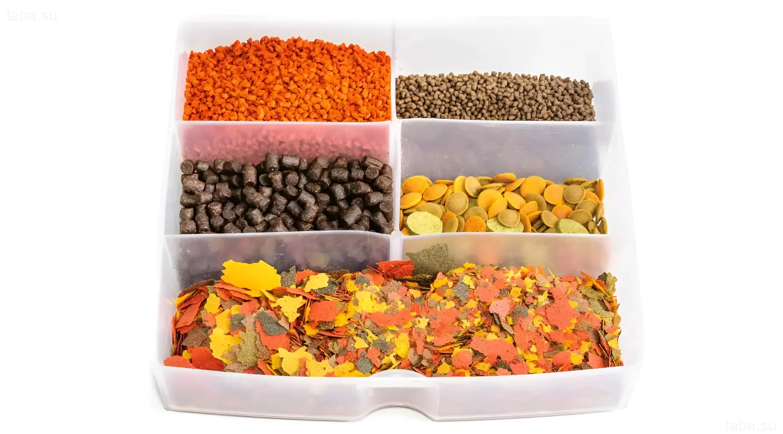 Изображение различных видов сухих кормов для аквариумных рыб: хлопья, гранулы, таблетки, обеспечивающие сбалансированное питание.