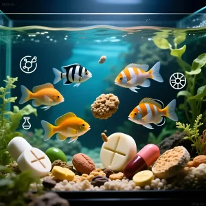 Красочный аквариум с оранжевыми и полосатыми рыбками, окруженными различными видами аквариумного корма. Идеально для иллюстрации статьи о питании рыбок.