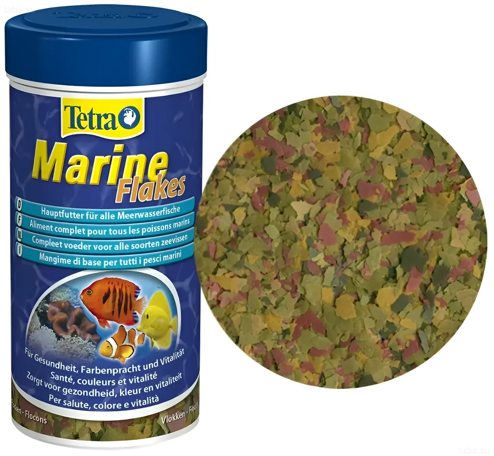 Фотография баночки корма Tetra Marine Flakes и насыпанных хлопьев. Идеально для поддержания здоровья и окраски морских обитателей.