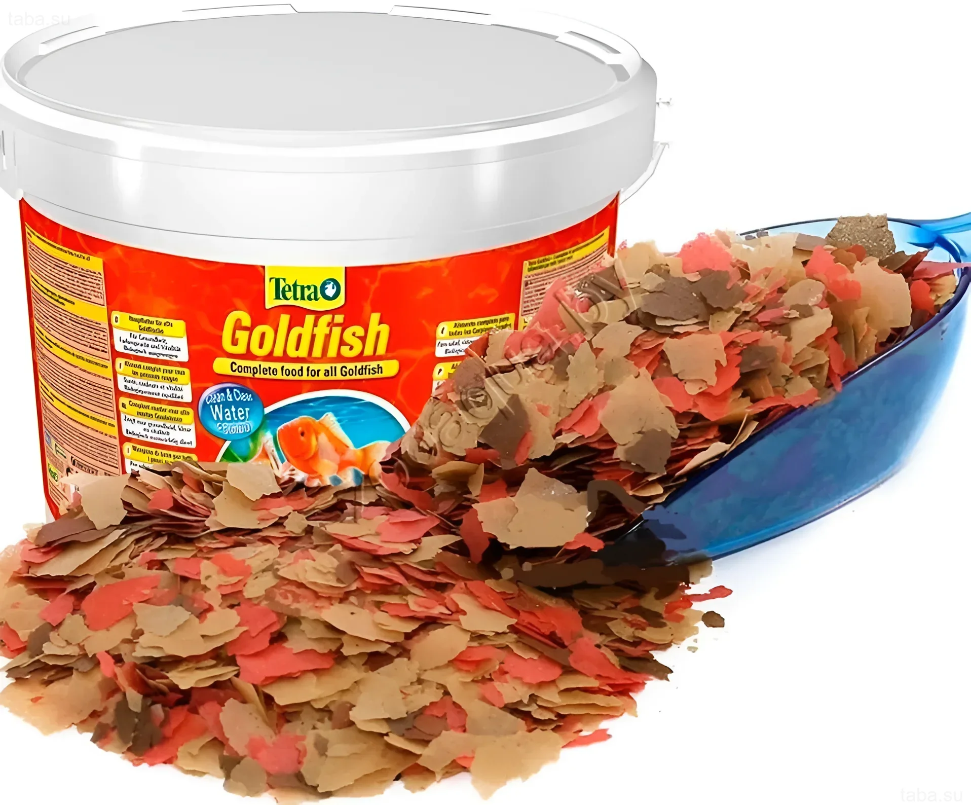 Изображение открытой банки корма Tetra Goldfish с рассыпанными хлопьями разных оттенков, демонстрирующее состав и визуальные характеристики.
