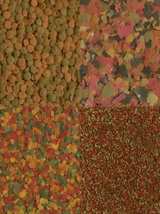 Изображение демонстрирует различные типы сухих кормов для рыб: гранулированные, хлопьевидные и измельченные, для разных видов и потребностей.