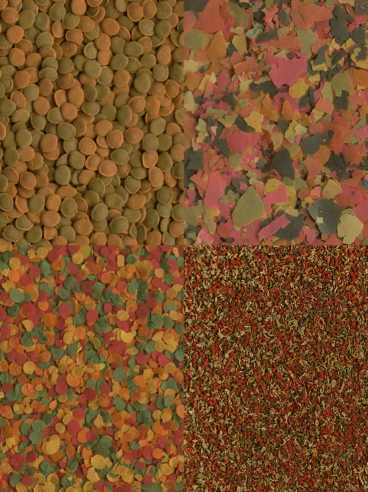 Изображение демонстрирует различные типы сухих кормов для рыб: гранулированные, хлопьевидные и измельченные, для разных видов и потребностей.