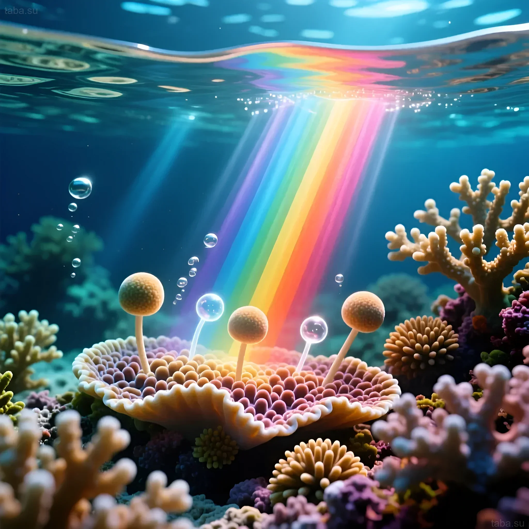 Иллюстрация демонстрирует проникновение полного спектра света в морской аквариум, акцентируя важность синего спектра для фотосинтеза кораллов и других обитателей.