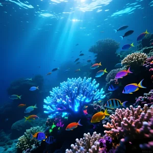 Фотография яркого морского аквариума с коралловыми рифами и разноцветными рыбами, демонстрирующая эффект актиничного освещения.