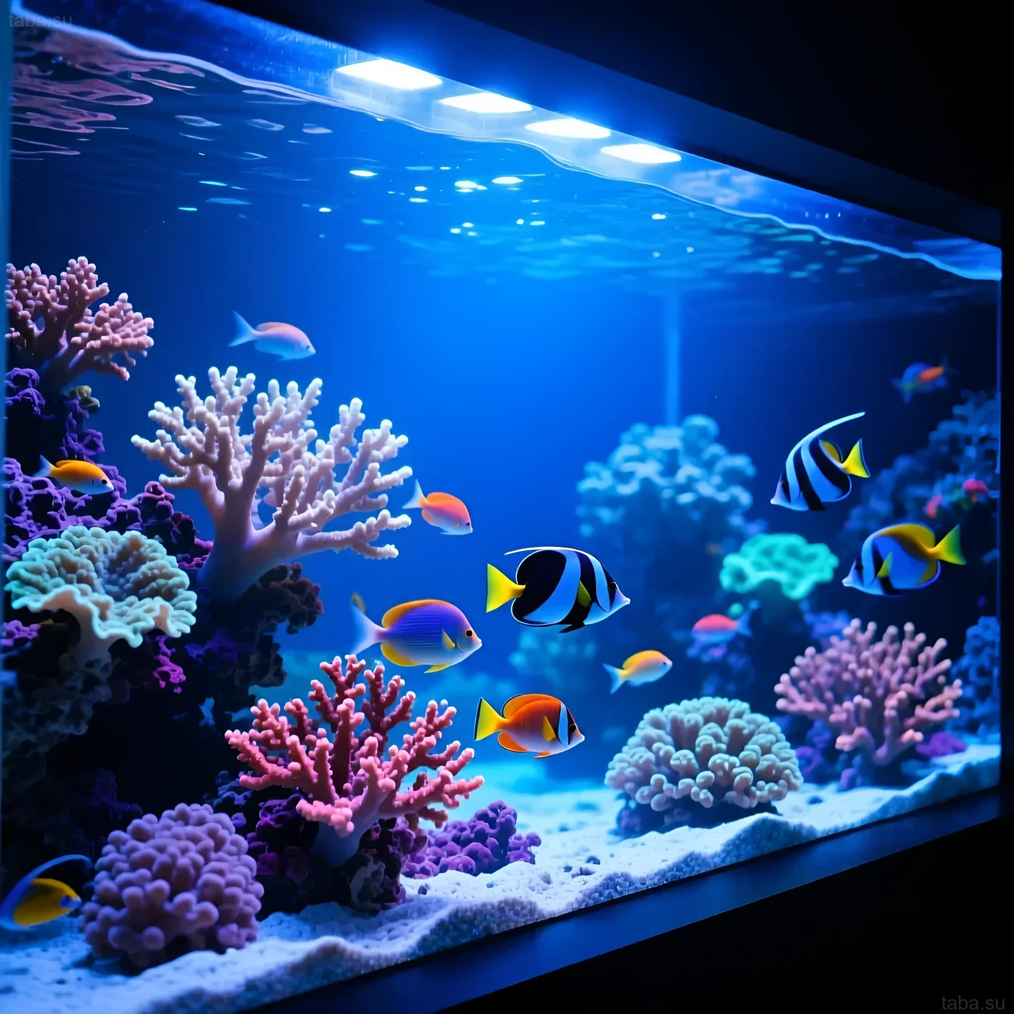 Фотография морского аквариума с яркими кораллами и тропическими рыбами, освещенного синим актиниковым светом, подчеркивающим их окраску.