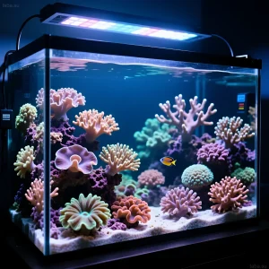 Фотография морского аквариума с кораллами и рыбой, освещенного синим актиниковым светом. Идеально для любителей рифовых аквариумов и морской жизни.