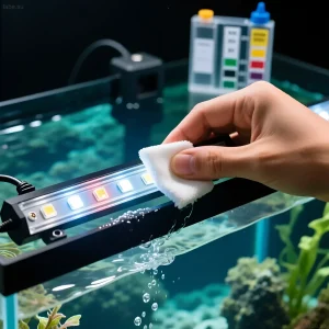Изображение демонстрирует уход за LED-освещением морского аквариума. Чистка панели ватным диском для поддержания оптимального спектра и яркости.