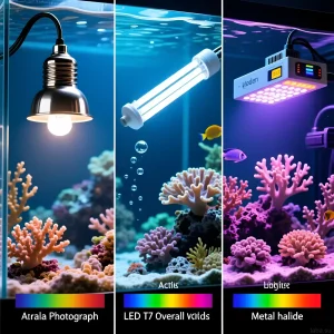 Иллюстрация демонстрирует влияние различных типов освещения (актиник, LED, металлогалоген) на внешний вид и окраску морского аквариума с кораллами и рыбами.