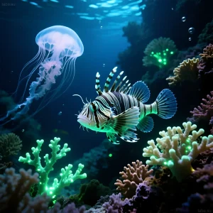 Фотография морского аквариума с рыбкой-каменщиком и медузой, освещенных синим актиник-светом, демонстрирует красоту кораллов и морской жизни.