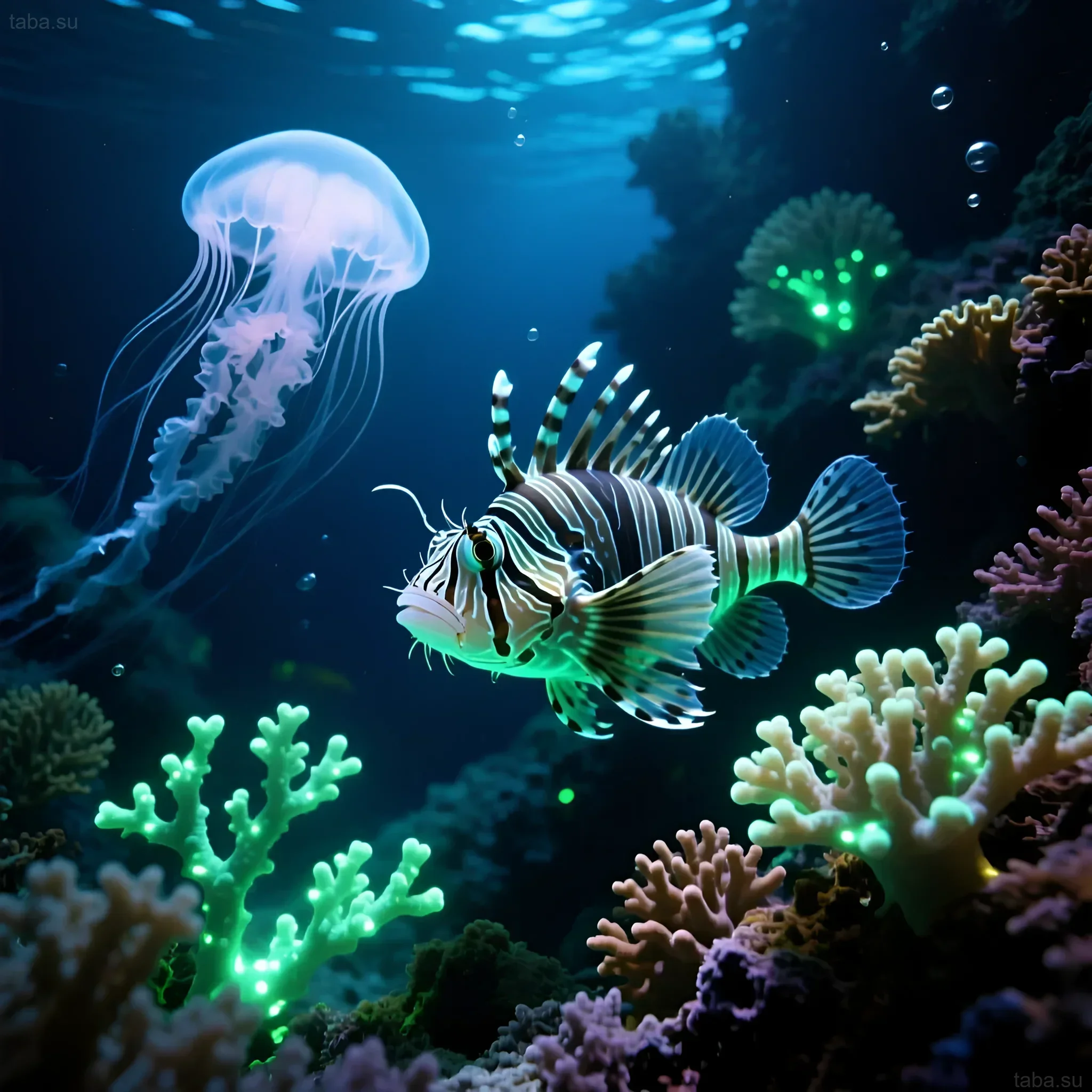 Фотография морского аквариума с рыбкой-каменщиком и медузой, освещенных синим актиник-светом, демонстрирует красоту кораллов и морской жизни.