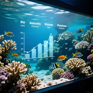 Яркий морской аквариум с кораллами и рыбами, на фоне графика анализа воды. Контроль качества воды в морском аквариуме.