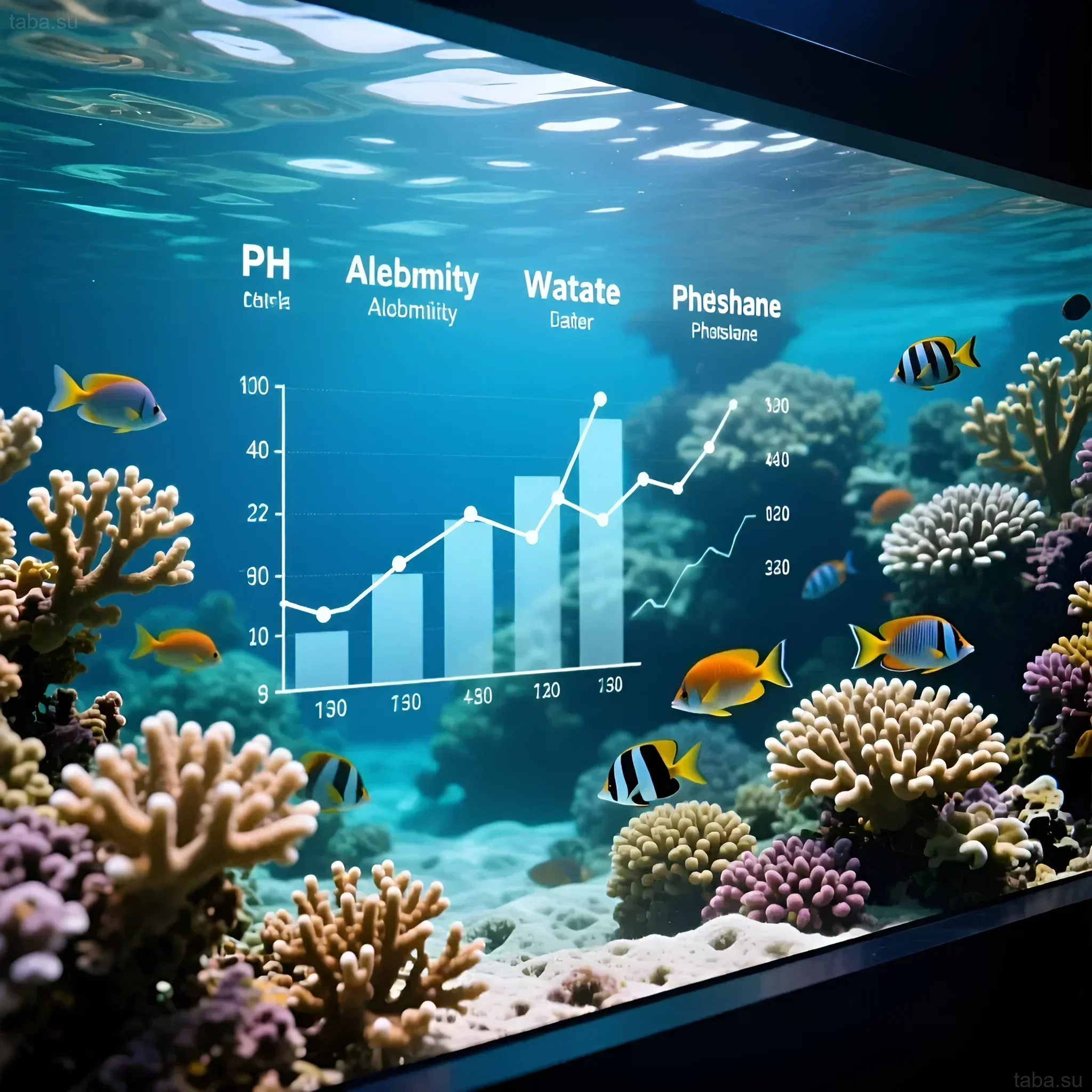 A vibrant marine aquarium with corals and fish, against a backdrop of water analysis graphs. Water quality control in a marine aquarium.