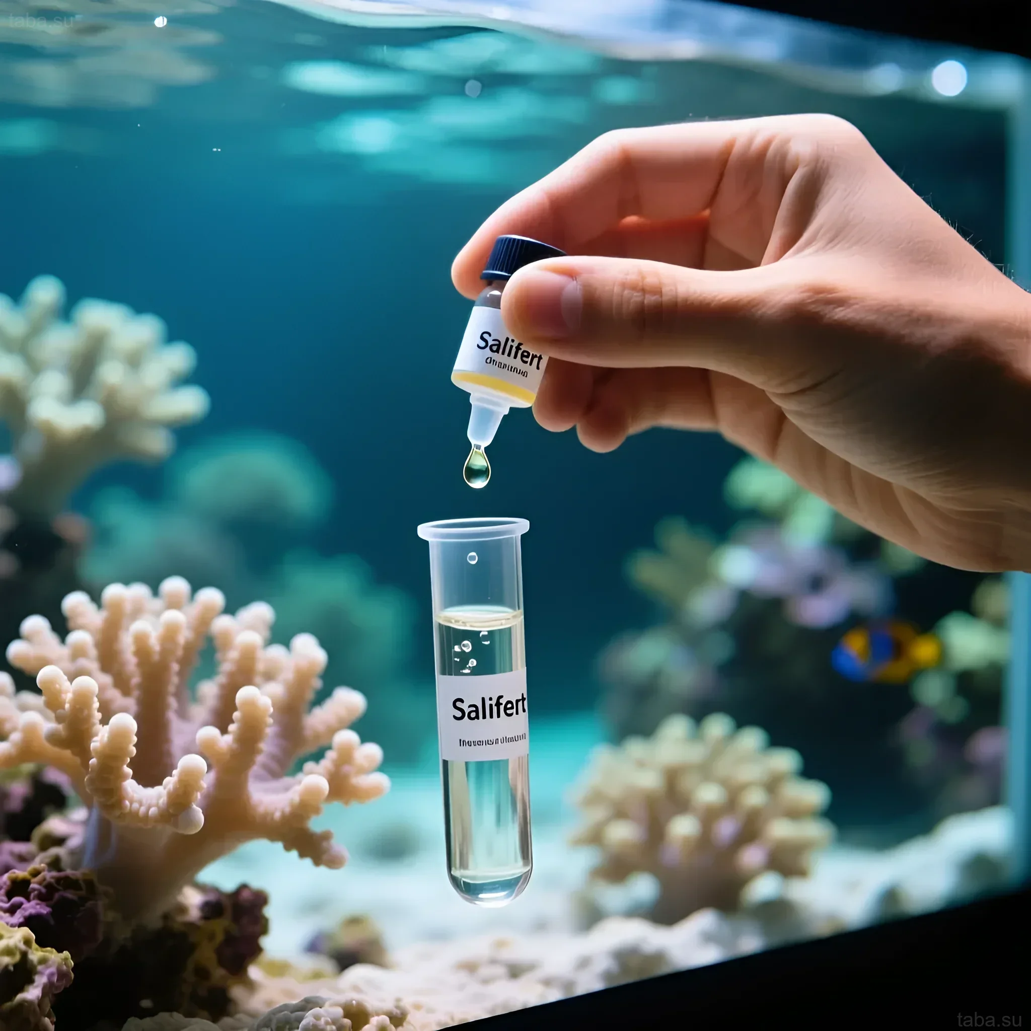 Photograph of the water testing process in a marine aquarium using the Salifert drip system. Water quality control for coral health.