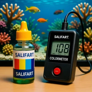 Изображение демонстрирует тестирование воды в морском аквариуме с помощью колориметра Salifert, обеспечивающего точный анализ.